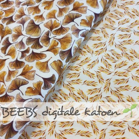 wit oker geel camel Olijfboom Takjes digitaal poplin katoen