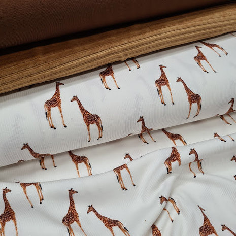wit (off white) camel girafjes - digitaal fijne katoenen Baby rib tricot SOFT met uni bruin tricot en camel ribfluweel