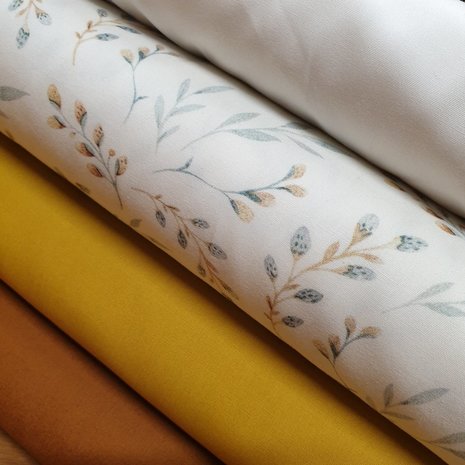 mosterd oker en off white uni poplin met wilgentakjes beebs
