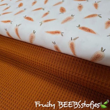 wit (off white) oranje, peach, groen Fruity wortel - digitaal poplin met cognac wafel