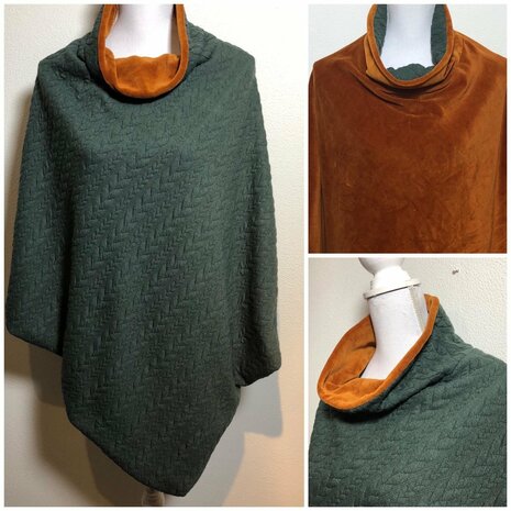 huisdraakje cognac katoenen velvet met kabel knit army green poncho