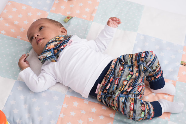 SET DEAL: 50cm blauw denim look digitale tricot & patroon harembroekje (maat 50-74)