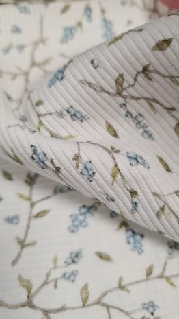 wit (off white)olijf groen blauwe bosbessen bloemen - digitaal fijne katoenen Baby rib tricot SOFT