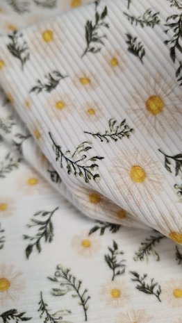 wit (off white) geel army groen madeliefjes bloemen - digitaal fijne katoenen Baby rib tricot SOFT