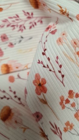 wit (off white) oud roze, mauve, koraal, rood lente bloemen - digitaal fijne katoenen Baby rib tricot SOFT