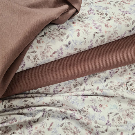 wit (off white) mauve (oud) lila grijs waterbloemen aquarel digitale - biologische tricot met ottoman rib en boord oud mauve