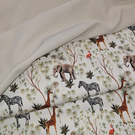 flamingo olifant zebra giraf Jungle dieren- digitaal tricot met ottoman natural @kickenstoffen