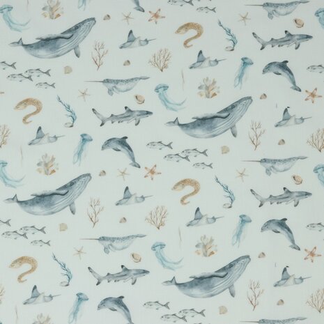 wit grijs camel blauw zeeleven (walvis haai zeester schelp) - digitale katoen @kickenstoffen