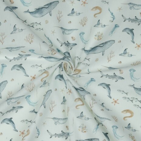 wit grijs camel blauw zeeleven (walvis haai zeester schelp) - digitale katoen @kickenstoffen