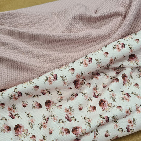 roze (nude) framboos oud roze olijf Stijlvolle bloemen - digitaal fijne katoenen Baby rib tricot SOFT met mini kabel tricot oud