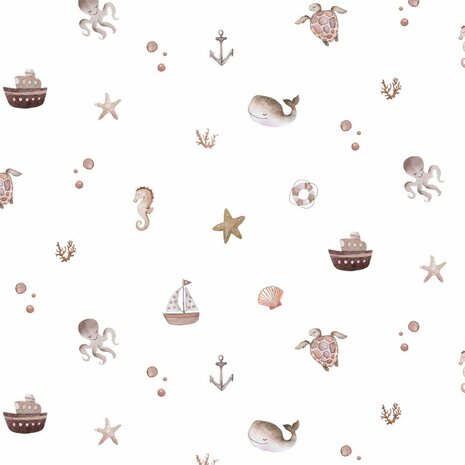 wit beige taupe Maritiem zee dieren en bootjes - digitale poplin