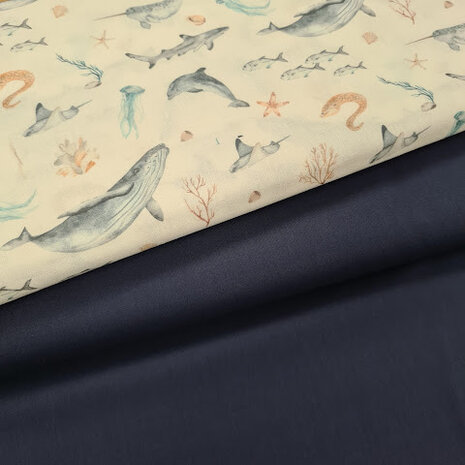 zee leven katoen met donker blauw uni katoen @kickenstoffen