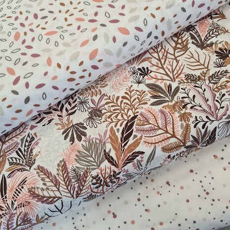 wit beige (kiezel) mauve grijs perzik blaadjes & botanisch & stipjes @kickenstoffen