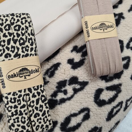 BEEBS panter teddy met poplin kiezel - bias band tricot pantertje en taupe @kickenstoffen