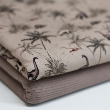 beige donker taupe groen Dino dieren digitale french terry met ribtricot soft donker taupe KicKenStoffen