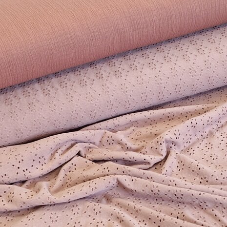 tricot broderie oud terracotta-roze met stretch hydrofiel roze-terracotta @kickenstoffen