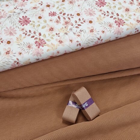 pastel bloemen tricot met ottoman rib perzik en claypink-peach katoenen biasband @kickenstoffen