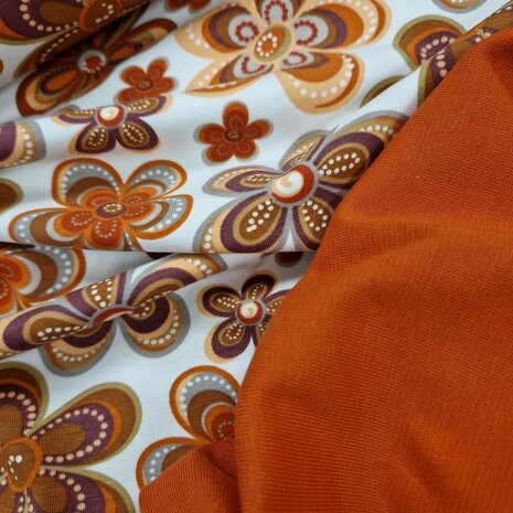 retro bloemen hippie kindertricot met terracotta uni tricot boordstof @kickenstoffen