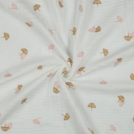 broderie hydrofiel ginkgo blaadjes roze en beige @kickenstoffen babystoffen