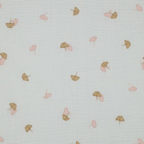 broderie hydrofiel ginkgo blaadjes roze en beige @kickenstoffen babystoffen