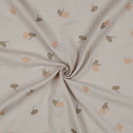 rokje broderie hydrofiel ginkgo blaadjes camel en beige @kickenstoffen babystoffen