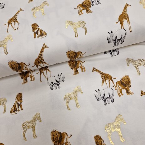 katoenen tricot jungle dieren met foilprint @kickenstoffen