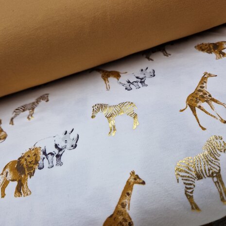 katoenen tricot jungle dieren foilprint gecombineerd met caramel uni ft @kickenstoffen