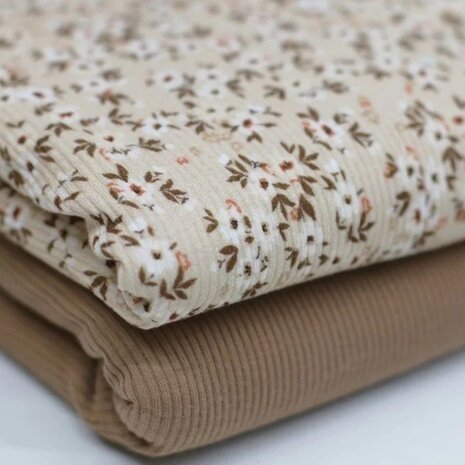 beige taupe bloembom met uni taupe babyrib tricot soft  BEEBSstofjes van KicKenStoffen