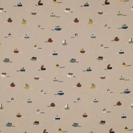 beige blue yellow red green boats and ships on sea digital coated cotton