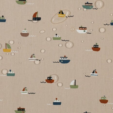 beige blue yellow red green boats and ships on sea digital coated cotton