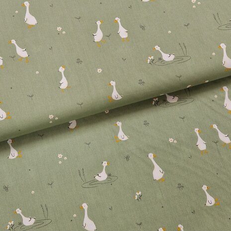 groen kleine ganzen poplin katoen little goose van KicKenStoffen