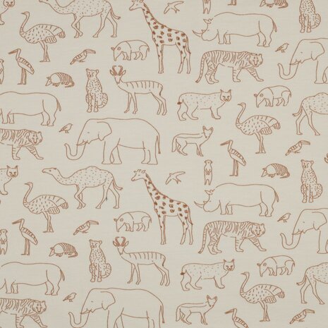 wit (natural) cacao getekende safari dieren  -  french terry *S