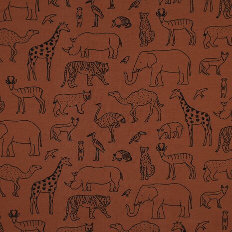 nog 95cm - cognac (almond) zwart getekende safari dieren  -  french terry (op=op)