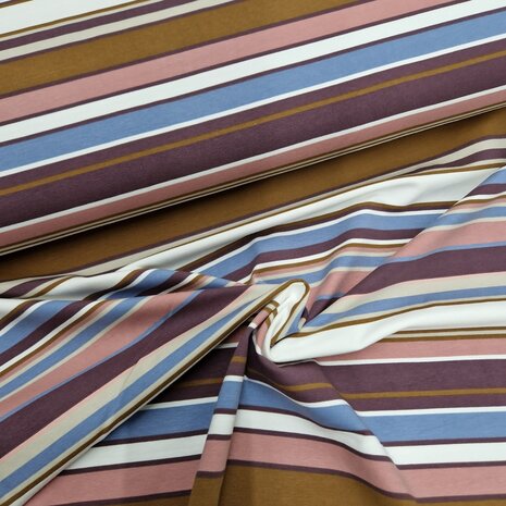 brede strepen katoenen tricot in roze, blauw, wit en bruine kleuren van KicKenStoffen