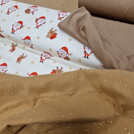 BEEBS kerst sweatstof met cacaoboordstof en hydrofiel studs camel van KicKenStoffen