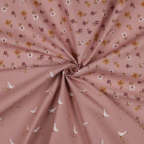 nog 1,6m - oud roze wit beige camel-oker bordeaux vrolijke bloemen poplin katoen (op=op)