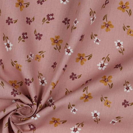 nog 1,6m - oud roze wit beige camel-oker bordeaux vrolijke bloemen poplin katoen (op=op)