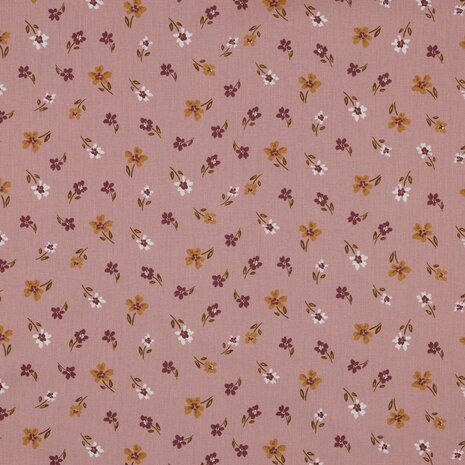 nog 1,6m - oud roze wit beige camel-oker bordeaux vrolijke bloemen poplin katoen (op=op)