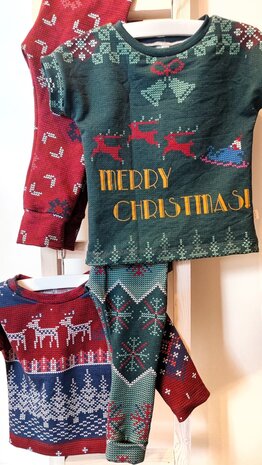 zeegroen (donker) rood X-mas - french terry kerstpaneel (68x145cm)