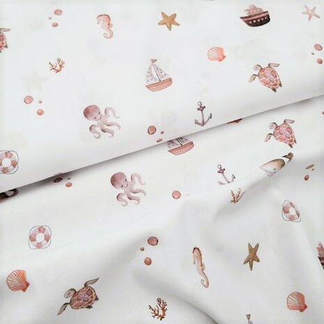 wit beige taupe Maritiem zee dieren en bootjes - digitale poplin @kickenstoffen