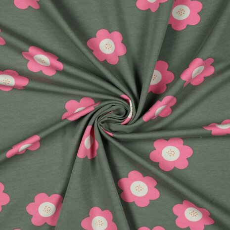 army green pink big flowers french terry