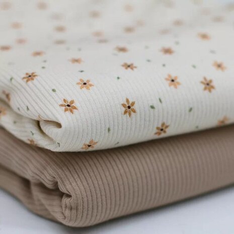 natural sterbloem - digitaal en effen beige fijne katoenen Baby rib tricot SOFT