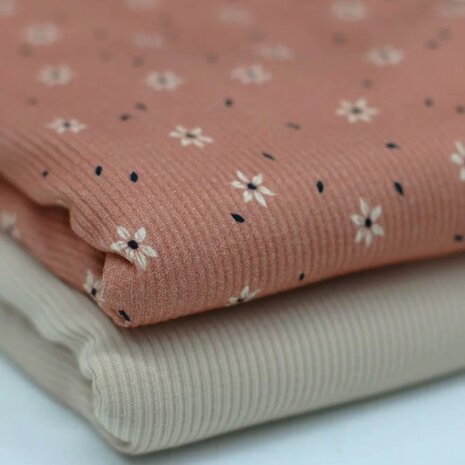 perzik sterbloem - digitaal en natural fijne katoenen Baby rib tricot SOFT