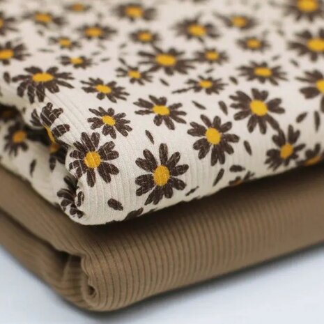 zonnebloem - digitaal en uni cacao  fijne katoenen Baby rib tricot SOFT