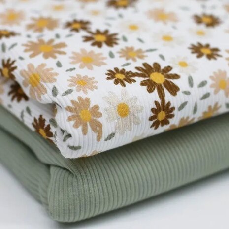 zonnebloem - digitaal en uni dusty groen fijne katoenen Baby rib tricot SOFT