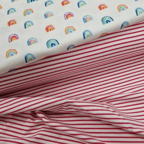 BEEBStricot regenboogjes met streepjes tricot fuchsia van KicKenStoffen