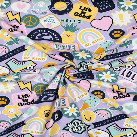 Love Bloem en harten tricot lila pastel patches KicKenStoffen