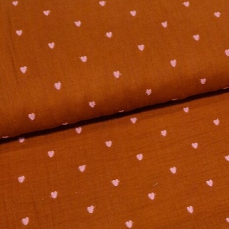 terracotta rust pink hearts embroidery double gauze