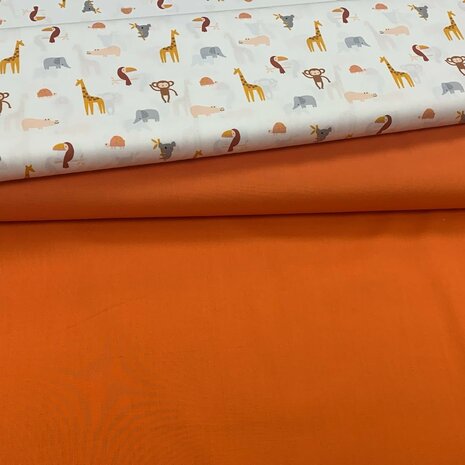 Qjutie kids oranje uni katoen met dieren poplin KicKenStoffen