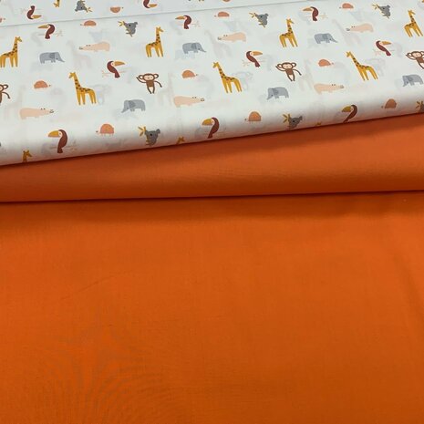 Qjutie kids oranje uni katoen met dieren poplin KicKenStoffen